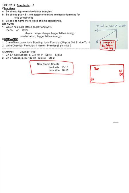 11/21/2011 Standards: 2 Objectives: a. Be able to figure relative lattice energies b. Be able to put + & - ions together to make molecular formulas for.