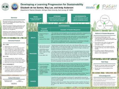 ENVIRONMENTAL Scientific Perspective Examples of Student Responses INPUTS  amount and type of fertilizer  pesticides  seeds and their origins “…the.