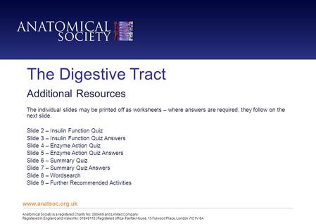 The Digestive Tract Additional Resources The individual slides may be printed off as worksheets – where answers are required, they follow on the next slide.