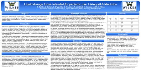 Liquid dosage forms intended for pediatric use: Lisinopril & Meclizine B. Beidel, J. Bohan, C. D’Ippolito, E. Thudium, A. VanWert, H. Jacobs, and A.H.