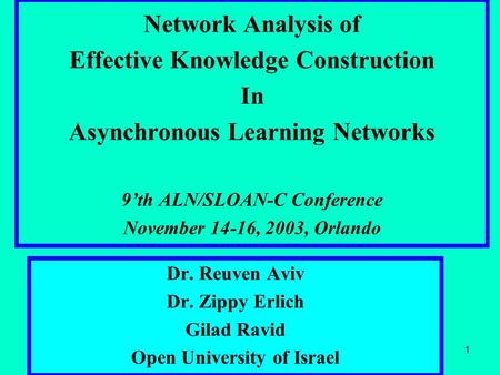 2003, OrlandoAviv, Network Analysis1 Network Analysis of Effective Knowledge Construction In Asynchronous Learning Networks 9’th ALN/SLOAN-C Conference.