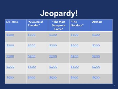 Jeopardy! Lit Terms“A Sound of Thunder” “The Most Dangerous Game” “The Necklace” Authors $100 $200 $300 $400 $500 ?