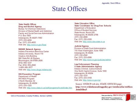 GIS in Prevention, County Profiles, Series 3 (2006) Appendix: State Offices State Offices St. Joseph County, INMishawaka city, INSouth Bend city, IN Source: