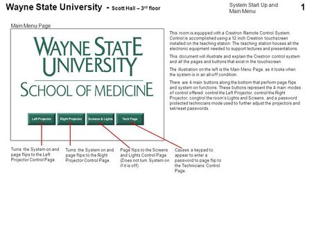 Wayne State University - Scott Hall – 3 rd floor 1 Main Menu Page System Start Up and Main Menu This room is equipped with a Crestron Remote Control System.