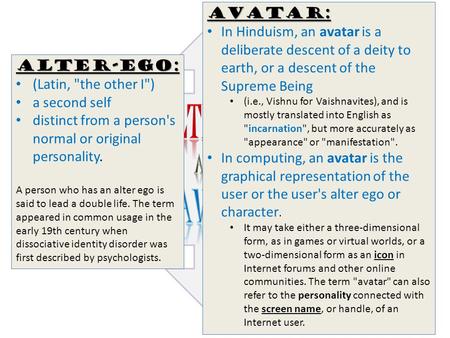 Alter-ego: (Latin, the other I) a second self distinct from a person's normal or original personality. A person who has an alter ego is said to lead.