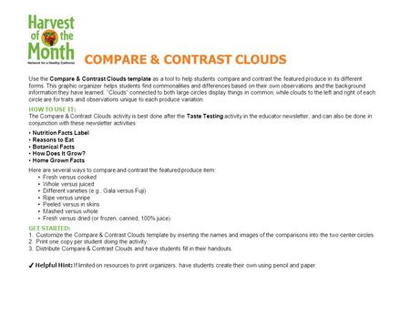 Use the Compare & Contrast Clouds template as a tool to help students compare and contrast the featured produce in its different forms. This graphic organizer.