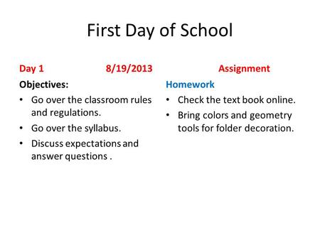 First Day of School Day 1 8/19/2013 Objectives: Go over the classroom rules and regulations. Go over the syllabus. Discuss expectations and answer questions.