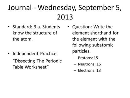 Journal - Wednesday, September 5, 2013 Standard: 3.a. Students know the structure of the atom. Independent Practice: “Dissecting The Periodic Table Worksheet”