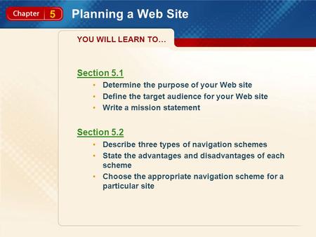 5 Planning a Web Site Section 5.1 Determine the purpose of your Web site Define the target audience for your Web site Write a mission statement Section.