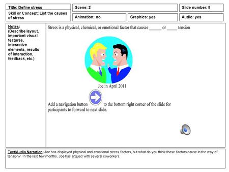 Notes: (Describe layout, important visual features, interactive elements, results of interaction, feedback, etc.) Animation: no Text/Audio Narration: