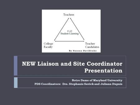 NEW Liaison and Site Coordinator Presentation Notre Dame of Maryland University PDS Coordinators: Drs. Stephanie Savick and Juliann Dupuis.