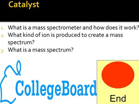 1. What is a mass spectrometer and how does it work? 2. What kind of ion is produced to create a mass spectrum? 3. What is a mass spectrum? End.