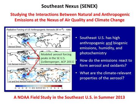 Southeast Nexus (SENEX) Studying the Interactions Between Natural and Anthropogenic Emissions at the Nexus of Air Quality and Climate Change A NOAA Field.