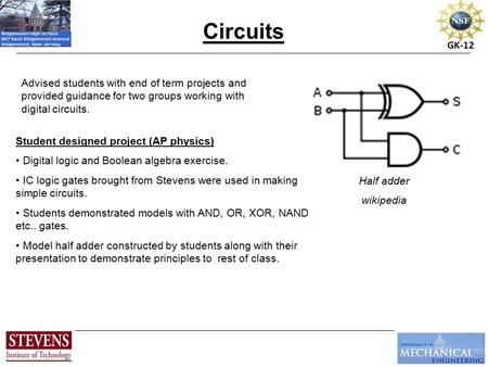 GK-12 Student designed project (AP physics) Digital logic and Boolean algebra exercise. IC logic gates brought from Stevens were used in making simple.