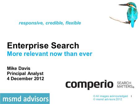 1 Enterprise Search More relevant now than ever Mike Davis Principal Analyst 4 December 2012 © All images acknowledged © msmd advisors 2012 responsive,