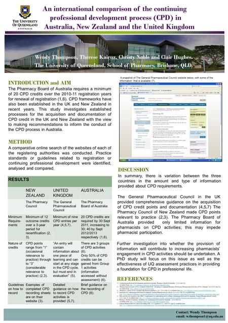 An international comparison of the continuing professional development process (CPD) in Australia, New Zealand and the United Kingdom Wendy Thompson, Therese.