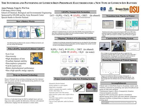 T HE S YNTHESIS AND P ATTERNING OF L ITHIUM I RON P HOSPHATE E LECTRODES FOR A N EW T YPE OF L ITHIUM I ON B ATTERY Anna Putnam, Yong Li, Wei Yen Chih-hung.
