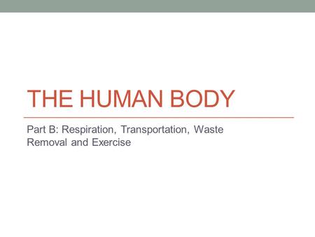 THE HUMAN BODY Part B: Respiration, Transportation, Waste Removal and Exercise.