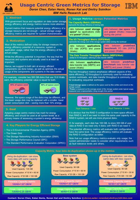 Usage Centric Green Metrics for Storage Doron Chen, Ealan Henis, Ronen Kat and Dmitry Sotnikov IBM Haifa Research Lab Most of the metrics defined today.