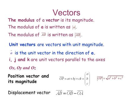 Vectors The modulus of a vector is its magnitude.