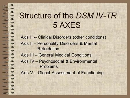 Structure of the DSM IV-TR 5 AXES Axis I-- Clinical Disorders (other conditions) Axis II – Personality Disorders & Mental Retardation Axis III – General.