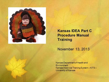 Kansas Department of Health and Environment Kansas Inservice Training System – KITS – University of Kansas Kansas IDEA Part C Procedure Manual Training.