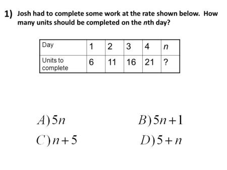 Josh had to complete some work at the rate shown below. How many units should be completed on the nth day? Day 1234n Units to complete 6111621? 1)