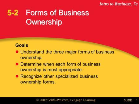 Intro to Business, 7e © 2009 South-Western, Cengage Learning SLIDE1 Forms of Business Ownership Goals Understand the three major forms of business ownership.