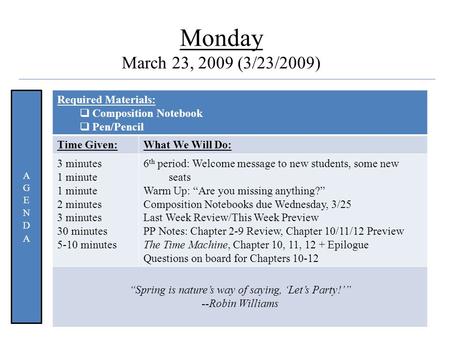 Quote Monday March 23, 2009 (3/23/2009) Required Materials:  Composition Notebook  Pen/Pencil Time Given:What We Will Do: 3 minutes 1 minute 2 minutes.