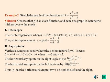 1 Example 2 Sketch the graph of the function Solution Observe that g is an even function, and hence its graph is symmetric with respect to the y-axis.