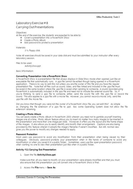 Laboratory Exercise 8- Carrying Out Presentations Office Productivity Tools 2 Laboratory Exercise # 8 Carrying Out Presentations Objectives: At the end.