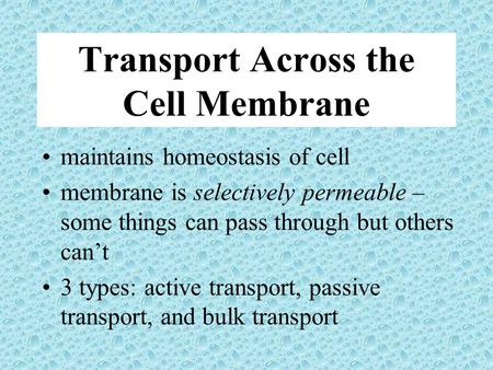 Transport Across the Cell Membrane maintains homeostasis of cell membrane is selectively permeable – some things can pass through but others can’t 3 types: