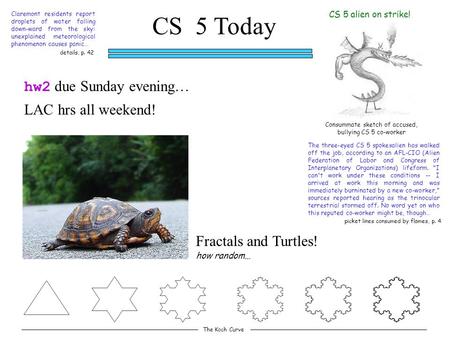 CS 5 Today CS 5 alien on strike! Claremont residents report droplets of water falling down-ward from the sky: unexplained meteorological phenomenon causes.