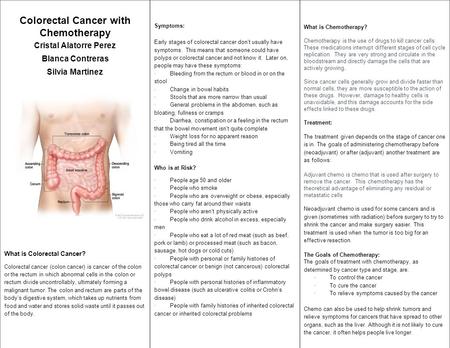 Colorectal Cancer with Chemotherapy Cristal Alatorre Perez Blanca Contreras Silvia Martinez What is Colorectal Cancer? Colorectal cancer (colon cancer)