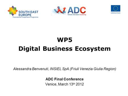 WP5 Digital Business Ecosystem Alessandra Benvenuti, INSIEL SpA (Friuli Venezia Giulia Region) ADC Final Conference Venice, March 13 th 2012.