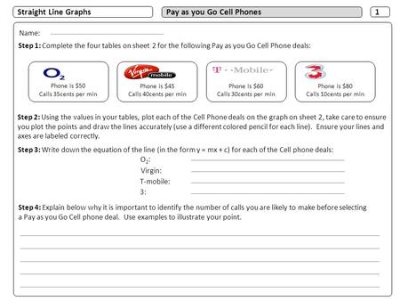 Phone is $60 Calls 30cents per min Phone is $80 Calls 10cents per min Straight Line Graphs Pay as you Go Cell Phones Step 1: Complete the four tables on.