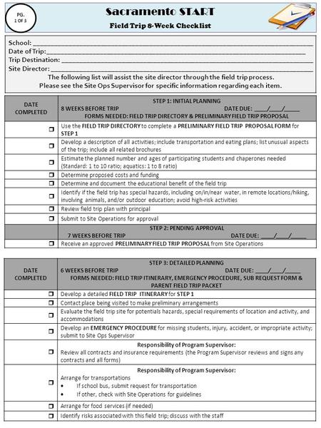 Sacramento START Field Trip 8-Week Checklist PG. 1 OF 3