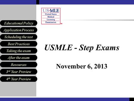 Scheduling the test Best Practices Resources Application Process Educational Policy After the exam Taking the exam 3 rd Year Preview 4 th Year Preview.