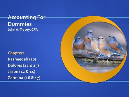 Accounting For Dummies John A. Tracey, CPA Chapters: Rasheedah (10) Dolores (12 & 15) Jason (12 & 14) Zarmina (16 & 17)