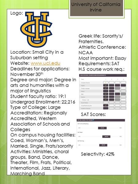 University of California Irvine Location: Small City in a Suburban setting Website: www.uci.eduwww.uci.edu Deadlines for applications: November 30 th Degree.