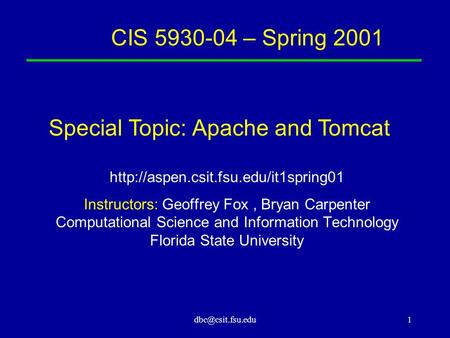 CIS 5930-04 – Spring 2001  Instructors: Geoffrey Fox, Bryan Carpenter Computational Science and.