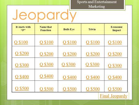 Jeopardy It starts with “P” Name that Function Bulls Eye Economic Impact Trivia Q $100 Q $200 Q $300 Q $400 Q $500 Q $100 Q $200 Q $300 Q $400 Q $500.