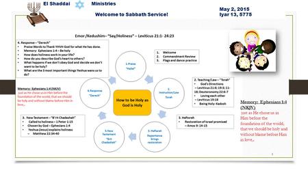 El Shaddai Ministries May 2, 2015 Welcome to Sabbath Service! Iyar 13, 5775 Memory: Ephesians 1:4 (NKJV) just as He chose us in Him before the foundation.