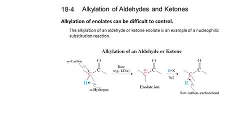 Alkylation of Aldehydes and Ketones 18-4 Alkylation of enolates can be difficult to control. The alkylation of an aldehyde or ketone enolate is an example.