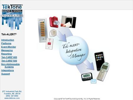 277 Industrial Park Rd. Franklin, NC 28734 (800) 327-8466 www.tektone.com Tek-ALERT ® Introduction Platforms Event Monitor Messaging Reporting Tek-CARE.