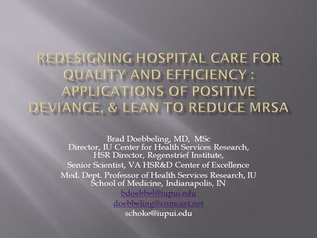 Brad Doebbeling, MD, MSc Director, IU Center for Health Services Research, HSR Director, Regenstrief Institute, Senior Scientist, VA HSR&D Center of Excellence.