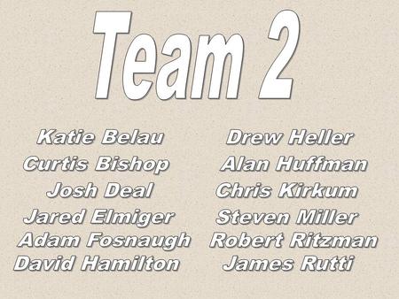 Team Leader Katie Bealu David Hamelton Sub Team 1 Steven MillerCurtis BishopJared ElmigerAlan Huffman Drew HellerJoshua Deal Assistant Leader Adam Fosnaugh.