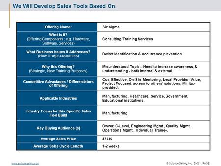 © Solution Selling, Inc. 2008 | PAGE 1www.solutionselling.com We Will Develop Sales Tools Based On : Offering Name:Six Sigma What is it? (Offering Components.