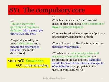 SY1 The compulsory core 1a This is a knowledge question and requires a definition with an example drawn from the item. To get all 5 marks you need 3 clear.