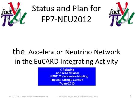 ICL, 7/1/2010,UKNF Collaboration MeetingV.Palladino Status and Plan for FP7-NEU2012 1 Status and Plan for FP7-NEU2012 the Accelerator Neutrino Network.